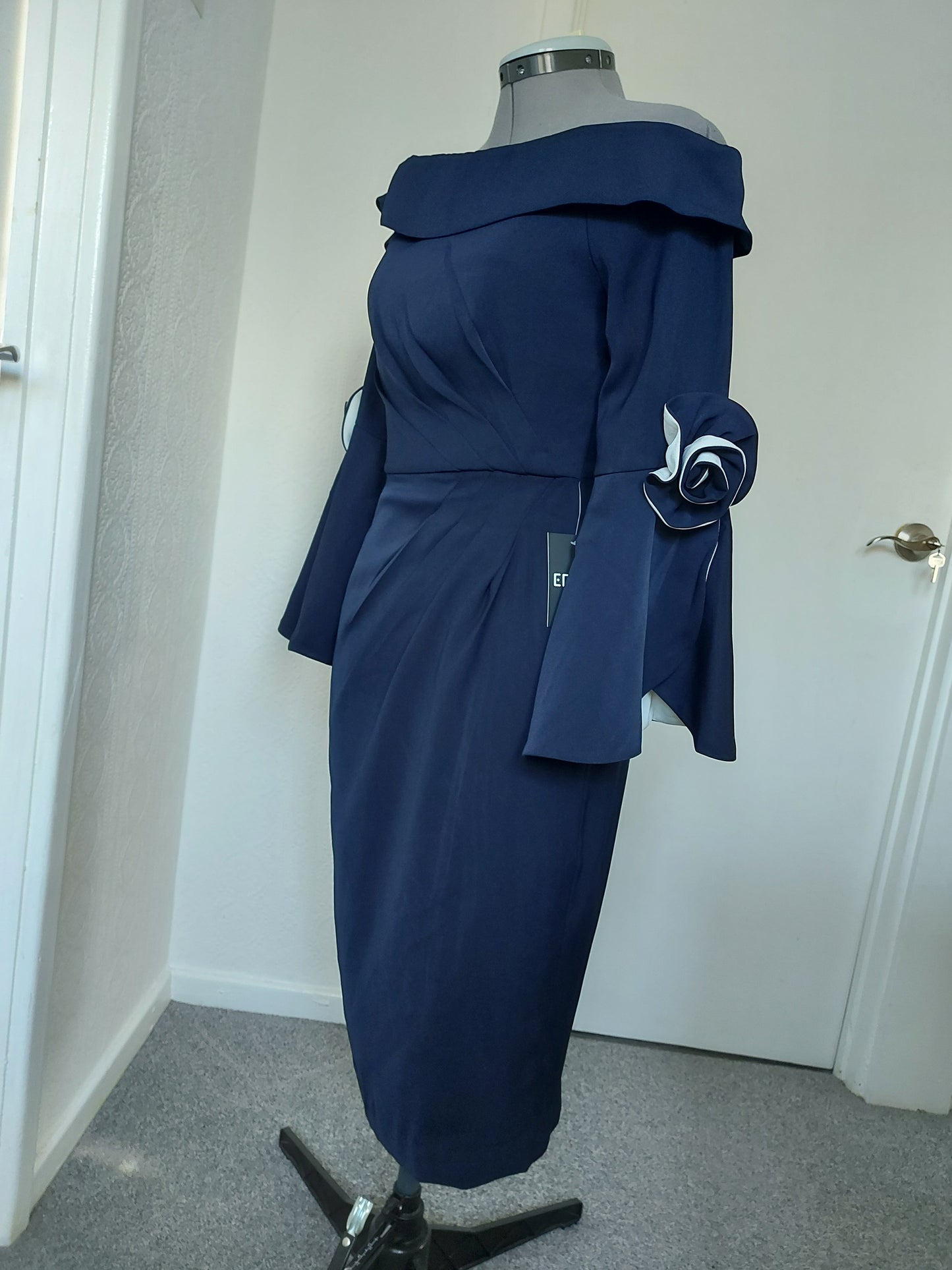 Off-shoulder dress with contrast trumpet sleeves from EDKAY COLLECTION UK, showcasing a stylish and elegant clothing design.