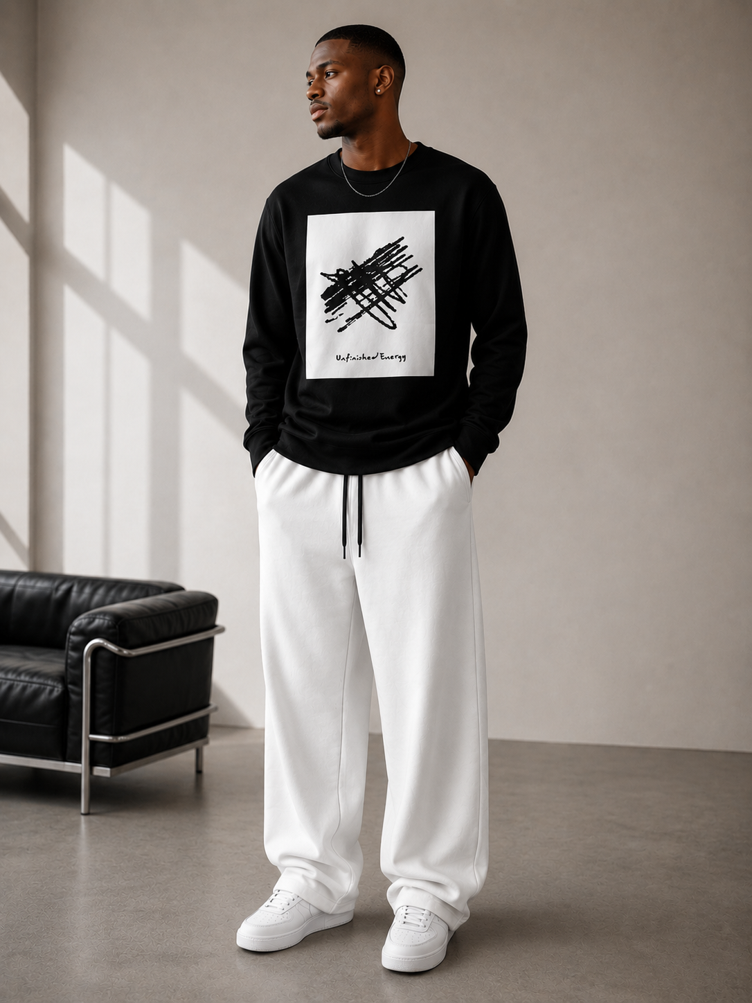 Unfinished D2I Energy crewneck sweatshirt in unisex style, shown in a plain fabric with collar and long sleeves.