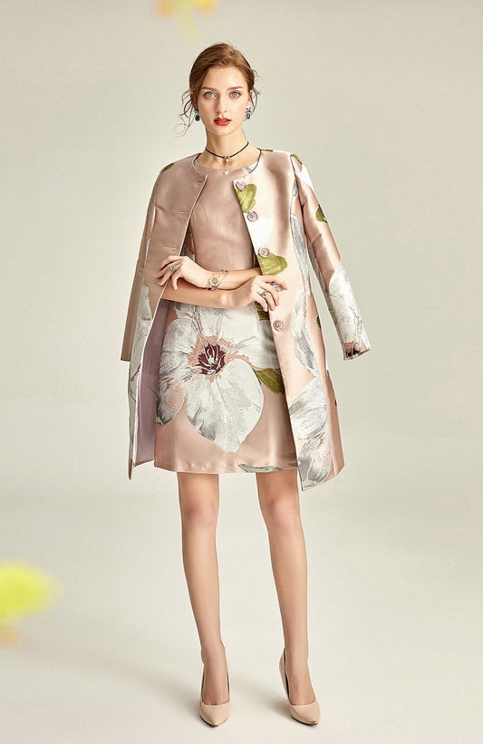 Dusty pink floral brocade dress suit with matching coat, elegant clothing from EDKAY COLLECTION UK, perfect for special occasions.