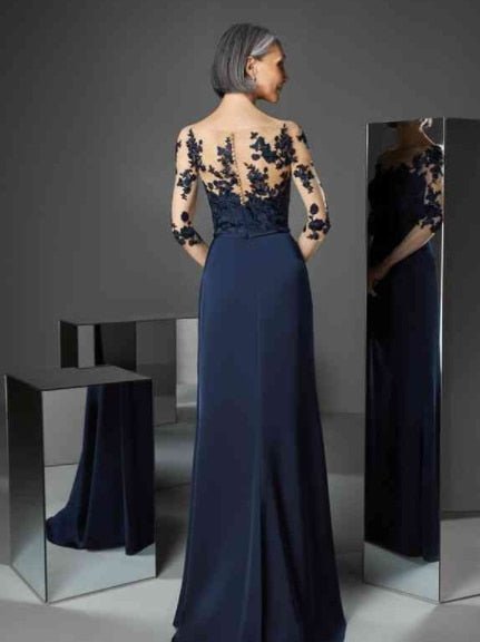 Navy blue maxi dress with pleated waistline and mermaid silhouette, designed for mother of the bride or groom by EDKAY COLLECTION UK.