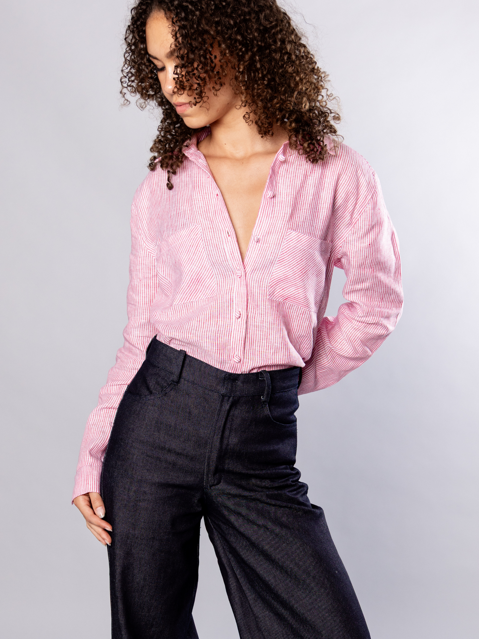 No More Nobody Katherina smart denim wide-leg trousers made from organic cotton, showing a stylish, relaxed fit in a natural pose.