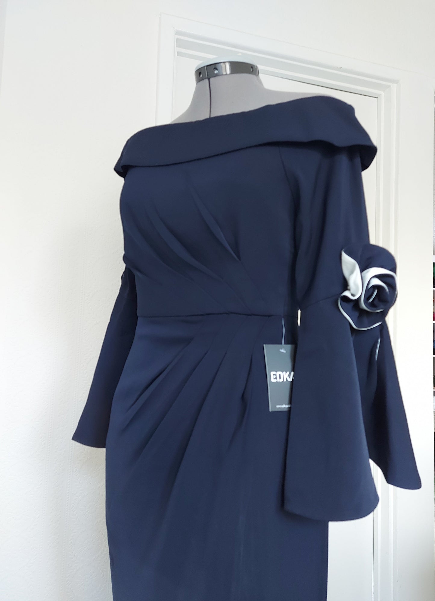 Off-shoulder dress with contrast trumpet sleeves from EDKAY COLLECTION UK, showcasing a stylish, feminine clothing design.