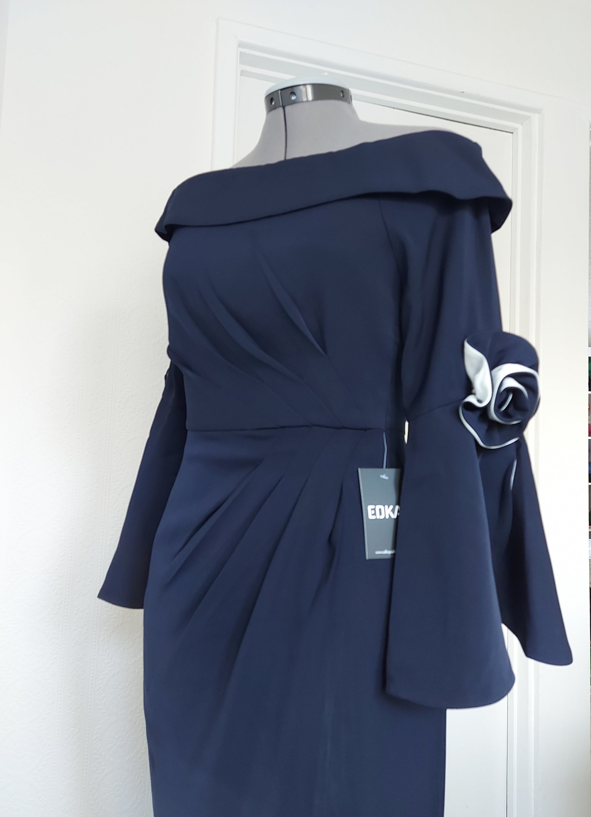 Off-shoulder dress with contrast trumpet sleeves from EDKAY COLLECTION UK, showcasing a stylish, feminine clothing design.