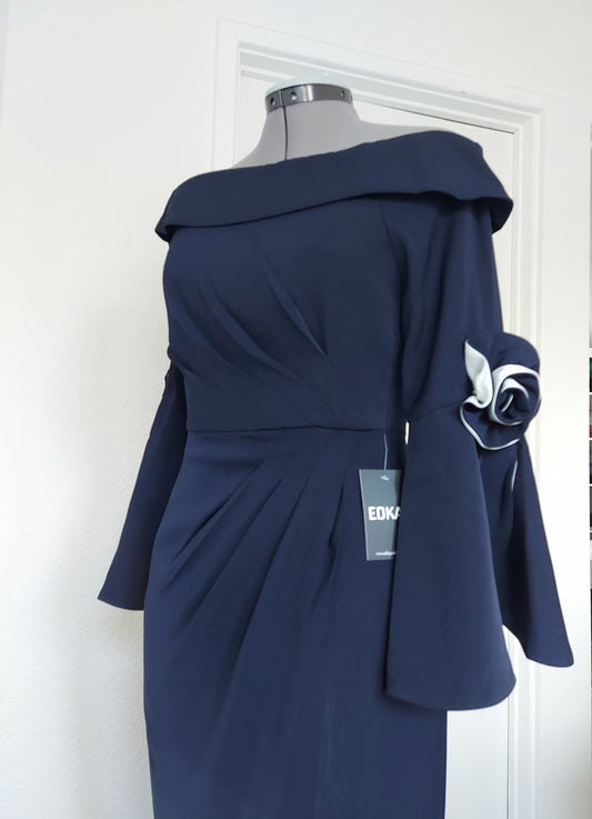 Off-shoulder dress with contrast trumpet sleeves from EDKAY COLLECTION UK, showcasing a stylish, feminine clothing design.