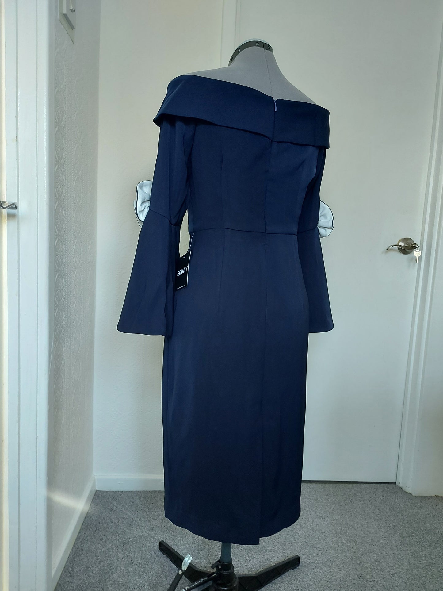 Off-shoulder dress with contrast trumpet sleeves from EDKAY COLLECTION UK, stylish clothing with a modern design.