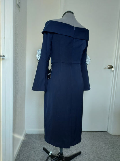 Off-shoulder dress with contrast trumpet sleeves from EDKAY COLLECTION UK, stylish clothing with a modern design.