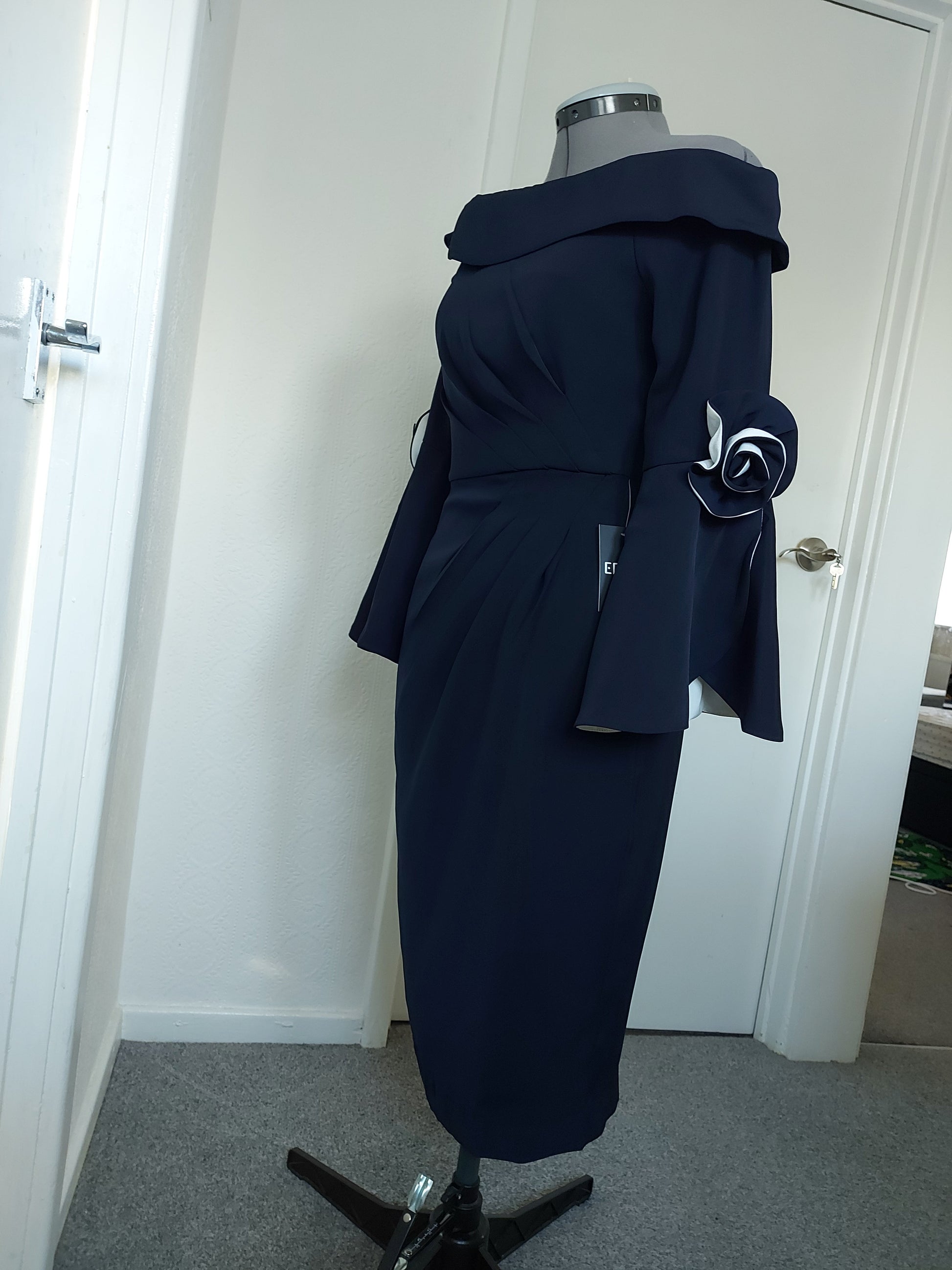 Off-shoulder dress with contrast trumpet sleeves by EDKAY COLLECTION UK, featuring a stylish and elegant design.