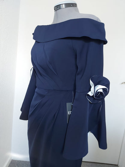 Off-shoulder dress with contrast trumpet sleeves from EDKAY COLLECTION UK, featuring a stylish off-shoulder design and bold sleeve detail.