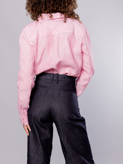 No More Nobody Katherina smart denim wide-leg trousers made of organic cotton, featuring a stylish, relaxed fit.
