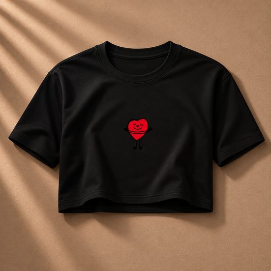 Black D2I Élevé Crop Tee with heart graphic, stylish cropped T-shirt from Dress 2 Impress Ltd, perfect for casual wear.