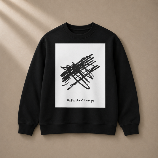 Unfinished energy crewneck sweatshirt by Dress 2 Impress Ltd, shown in a mockup image, featuring a casual, relaxed fit and classic design.