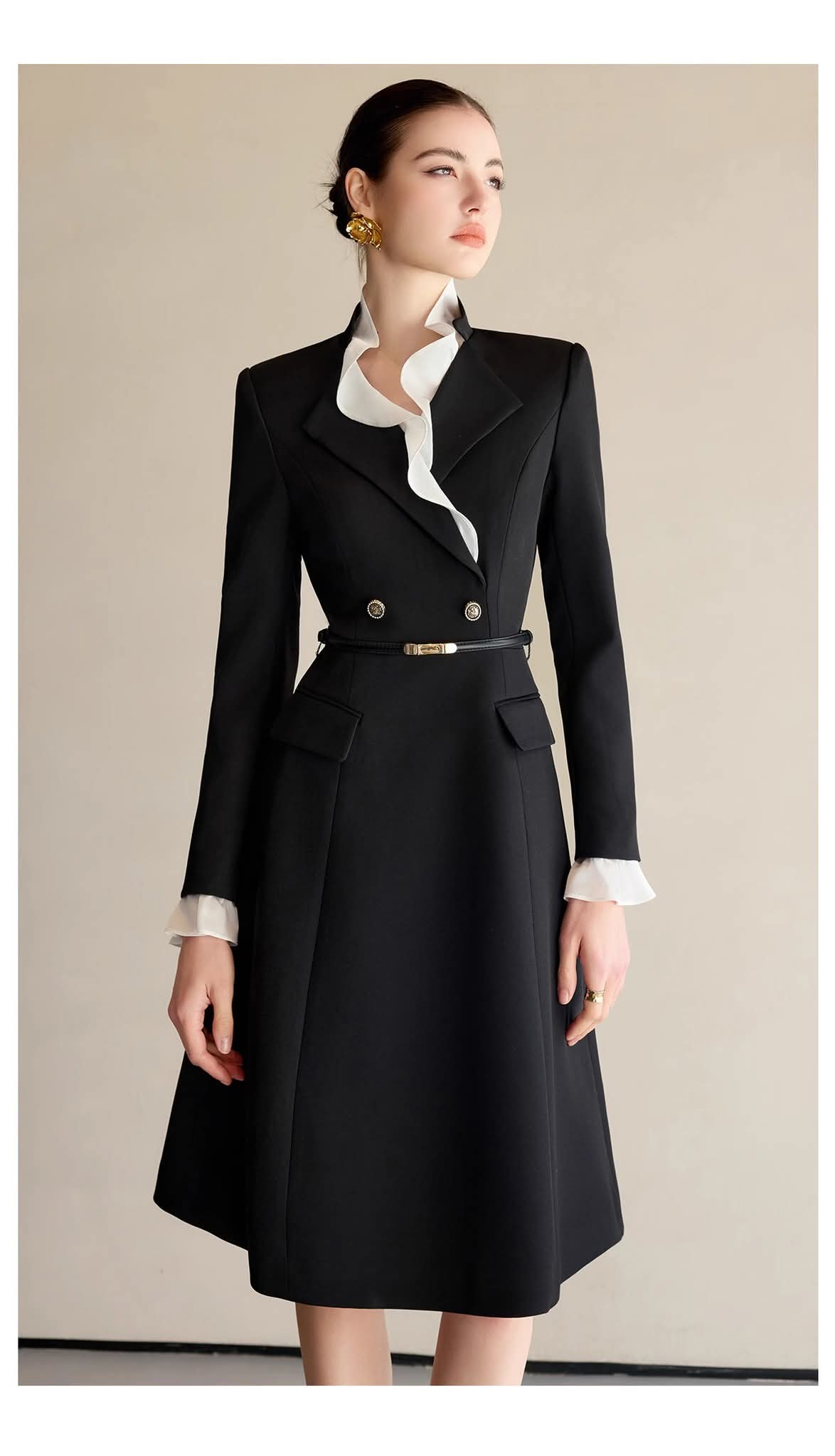Black ruffle contrast dress from EDKAY COLLECTION UK, featuring elegant design with ruffled details and a flattering silhouette.