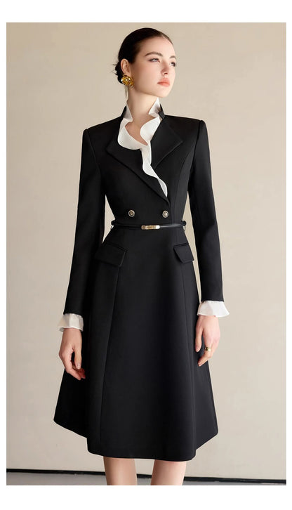 Black ruffle contrast dress from EDKAY COLLECTION UK, featuring elegant design with ruffled details and a flattering silhouette.