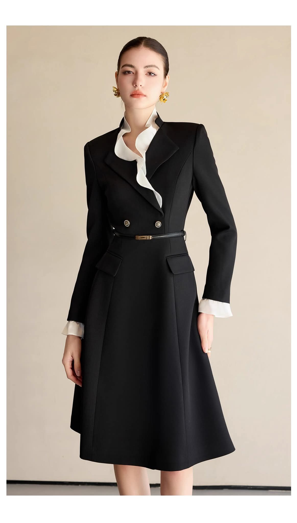 Black dress by EDKAY COLLECTION UK featuring contrast ruffle details, stylish and elegant clothing for women.