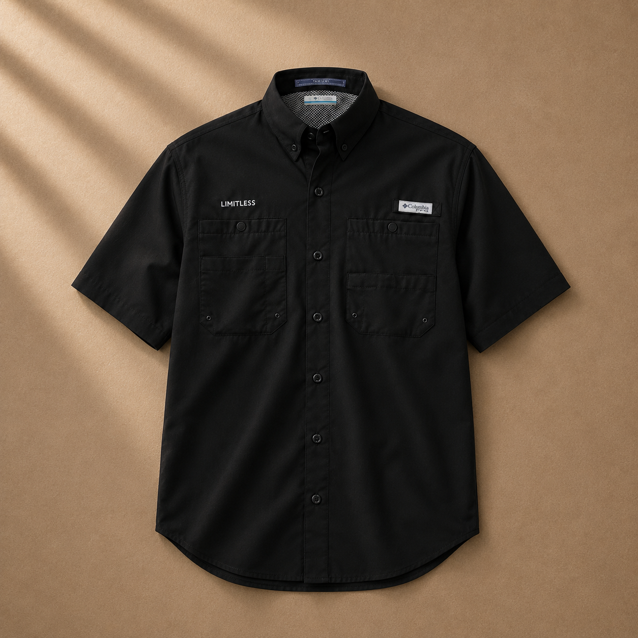 Dress 2 Impress Ltd Limitless Utility Shirt displayed on a hanger, featuring a casual, versatile clothing style in neutral fabric.
