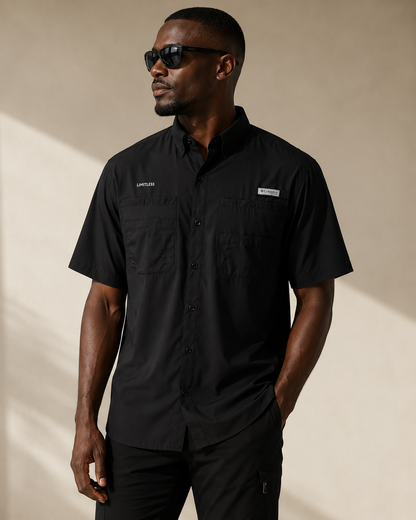 Model wearing the Limitless Utility Shirt by Dress 2 Impress Ltd, showcasing a stylish, versatile clothing piece.