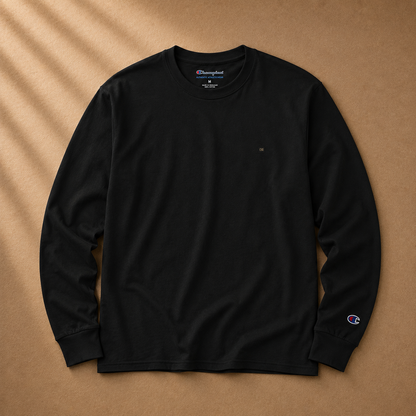 Men's white cotton long sleeve tee by Dress 2 Impress Ltd, shown on a mockup with a casual fit and classic crew neckline.