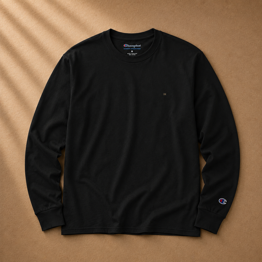 Men's white cotton long sleeve tee by Dress 2 Impress Ltd, shown on a mockup with a casual fit and classic crew neckline.