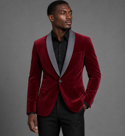 Men's burgundy velvet party suit by EDKAY COLLECTION UK, featuring tailored fit and stylish design for formal occasions.