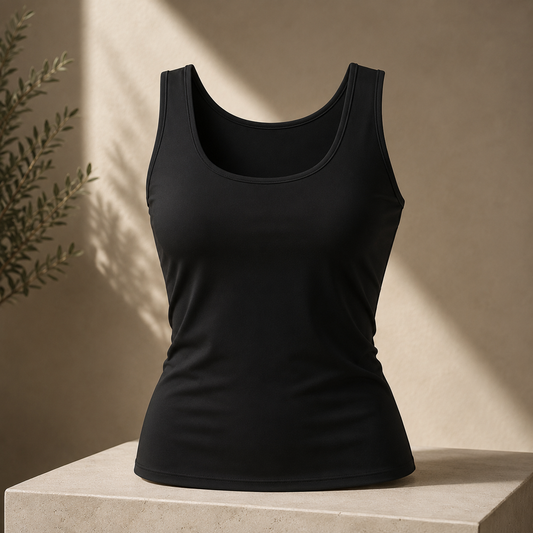 Black D2I Sculpt Tank by Dress 2 Impress Ltd, women's stretch tank top displayed flat on a white background.