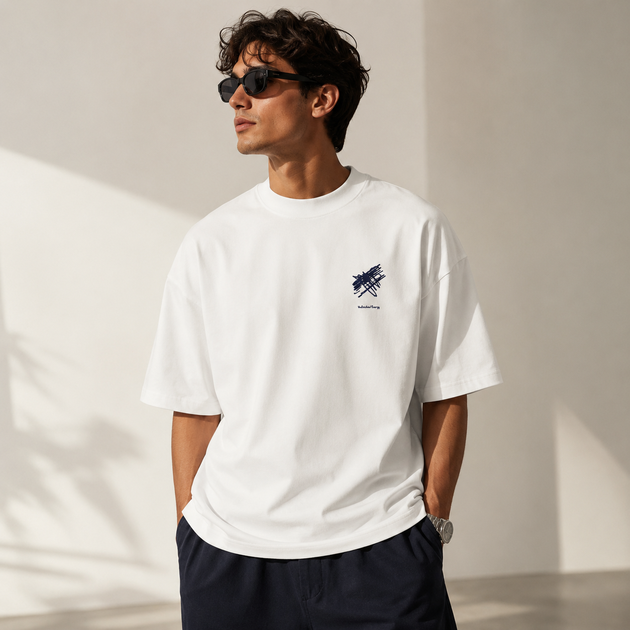 White oversized T-shirt from Dress 2 Impress Ltd featuring minimalist urban fashion style and bold "D2I Unmatched Energy" graphic.