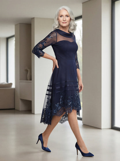 Elegant high-low dress from EDKAY COLLECTION UK with a fold collar, in deep midnight color, showcased on a model.