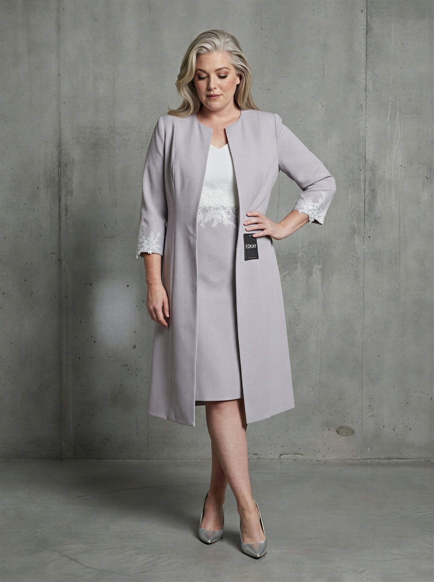 Grey and white 2-piece knee-length sheath bride dress suit by EDKAY COLLECTION UK, featuring elegant tailored design.
