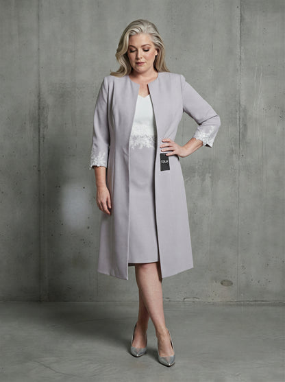 Grey and white 2-piece knee-length sheath bride dress suit by EDKAY COLLECTION UK, featuring elegant tailored design.