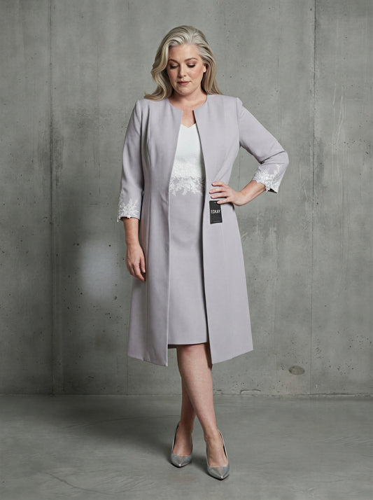 Grey and white 2-piece knee-length sheath bride dress suit by EDKAY COLLECTION UK, featuring elegant tailored design.