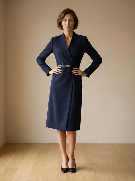 Black wrap dress from EDKAY COLLECTION UK called The Midnight Sovereign, shown on a model with elegant draping and long sleeves.