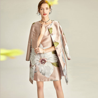 Dusty pink floral brocade dress suit with matching coat, elegant mother-of-the-bride outfit by EDKAY COLLECTION UK.
