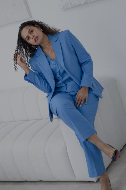 Elegant vivid blue 3-piece pantsuit by EDKAY COLLECTION UK, featuring tailored jacket, trousers, and matching top for sophisticated style.