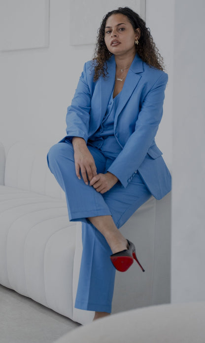 Elegant vivid blue 3-piece pantsuit from EDKAY COLLECTION UK, featuring tailored jacket, trousers, and matching top.