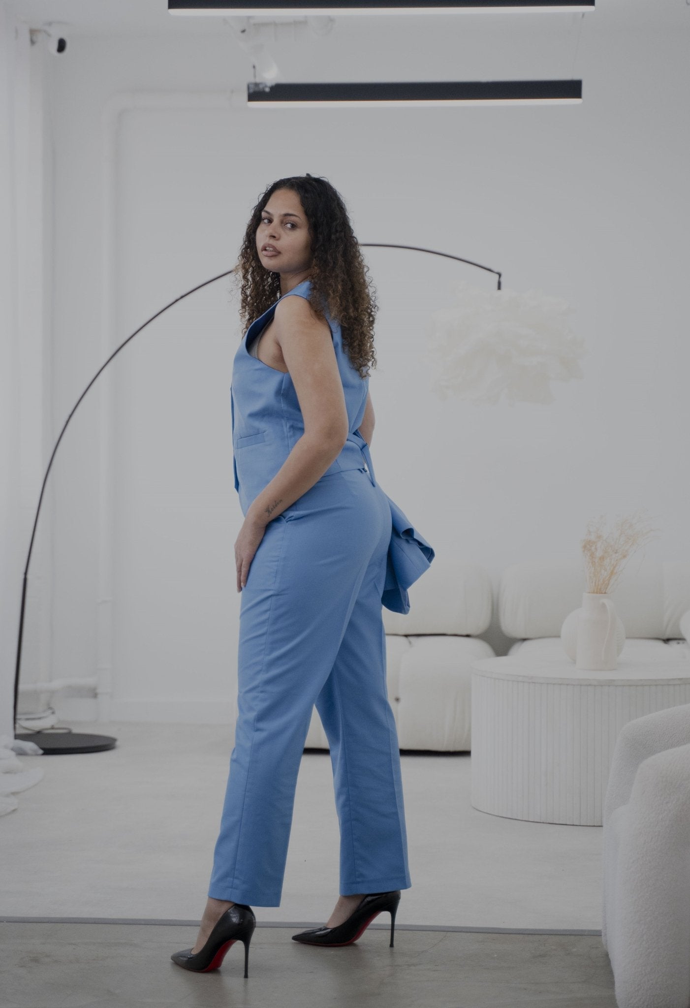 Elegant vivid blue 3-piece pantsuit from EDKAY COLLECTION UK, featuring tailored jacket, trousers, and matching top.
