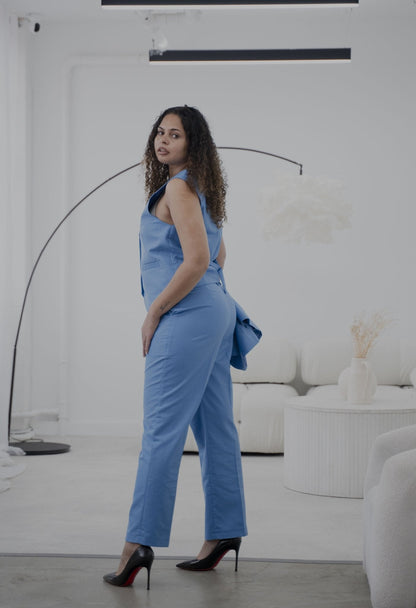 Elegant vivid blue 3-piece pantsuit from EDKAY COLLECTION UK, featuring tailored jacket, trousers, and matching top.