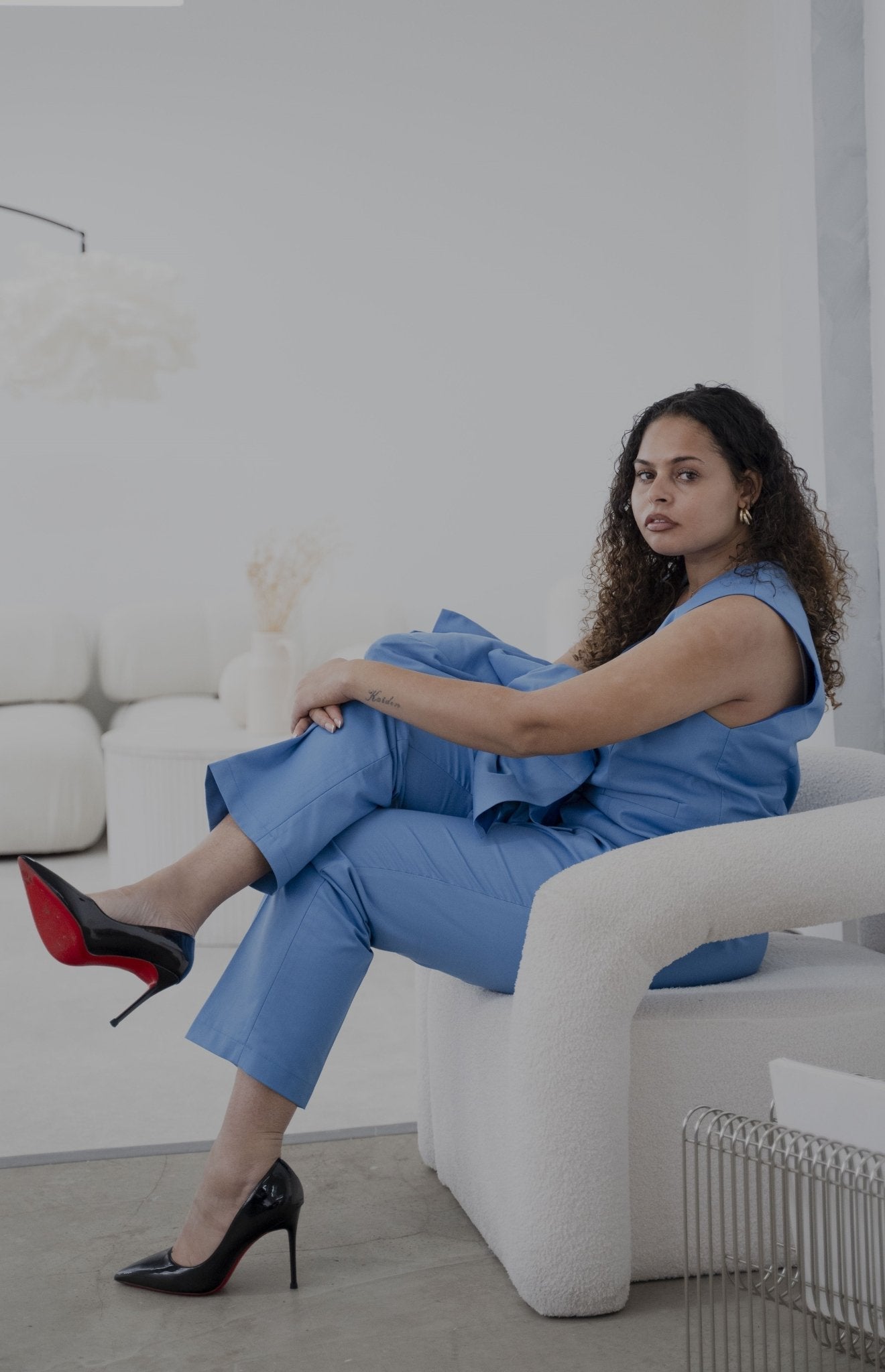 Elegant vivid blue 3-piece pantsuit from EDKAY COLLECTION UK, featuring tailored jacket, trousers, and matching top.
