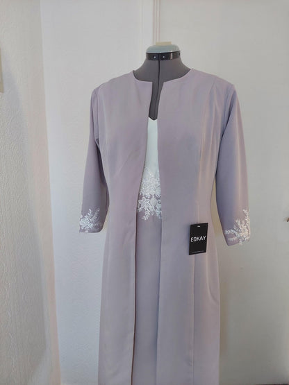 Grey and white 2-piece knee-length sheath bride dress suit by EDKAY COLLECTION UK, featuring elegant tailored design.