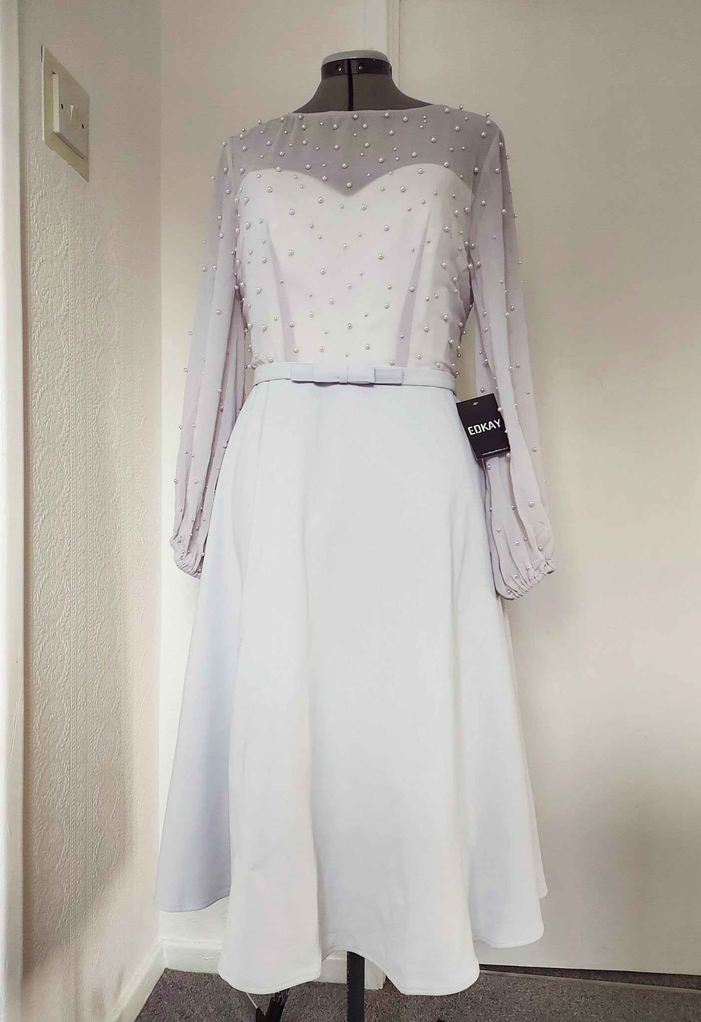 Grey EDKAY COLLECTION UK ball sleeves dress with pearl embellishments and A-line silhouette, suitable for mother of the bride.