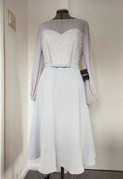 Grey EDKAY COLLECTION UK ball sleeves dress with pearl embellishments and A-line silhouette, suitable for mother of the bride.