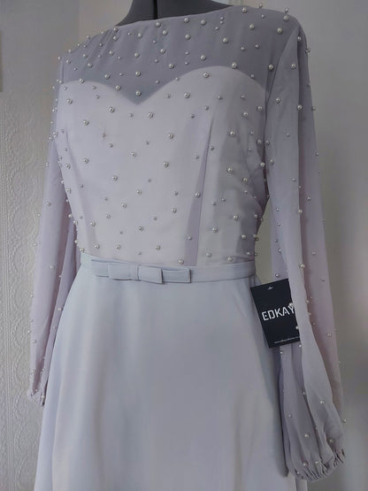 Grey pearl-embellished ball sleeves dress by EDKAY COLLECTION UK, featuring an A-line silhouette and elegant mother-of-the-bride style.