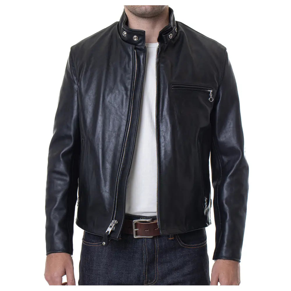 Mens classic racer leather motorcycle jacket by Riders Republic UK featuring a timeless, stylish design and durable leather construction.