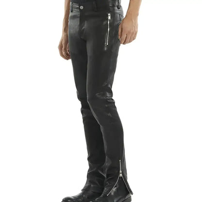 Men's black leather biker pants by Riders Republic UK featuring a bold, durable design with multiple pockets and a snug fit.