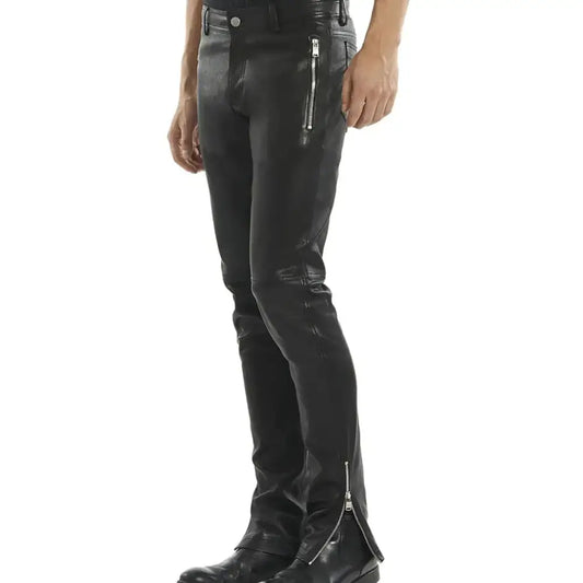 Men's black leather biker pants by Riders Republic UK featuring a bold, durable design with multiple pockets and a snug fit.
