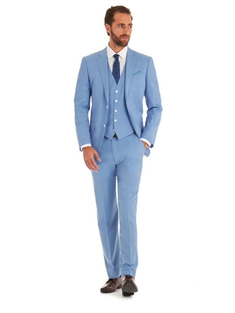 Sky-blue men's 3-piece cotton suit with white buttons by EDKAY COLLECTION UK, featuring tailored blazer, vest, and matching trousers.