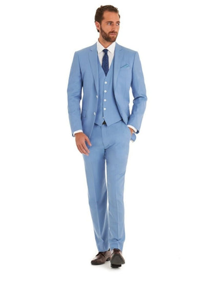 Sky-blue men's 3-piece cotton suit with white buttons by EDKAY COLLECTION UK, featuring tailored blazer, vest, and matching trousers.