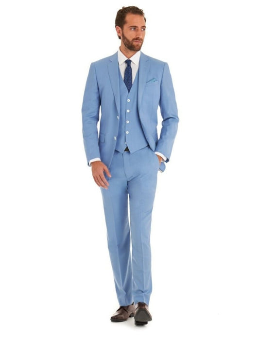 Sky-blue men's 3-piece cotton suit with white buttons by EDKAY COLLECTION UK, featuring tailored blazer, vest, and matching trousers.