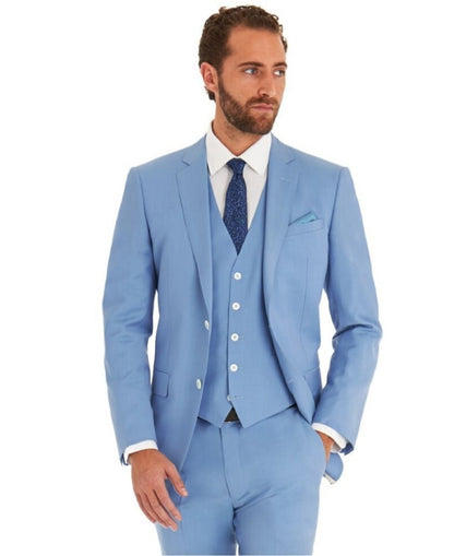 Men's sky-blue 3-piece cotton suit with white buttons, stylish clothing from EDKAY COLLECTION UK.