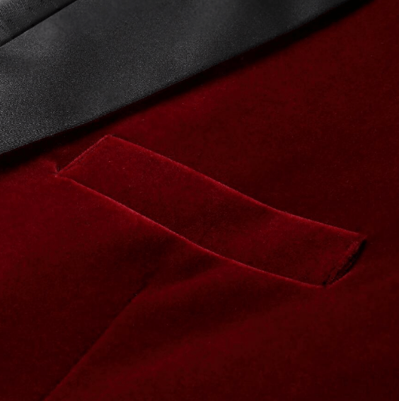 Men's velvet burgundy party suit by EDKAY COLLECTION UK, showing a stylish tailored clothing ensemble for formal occasions.