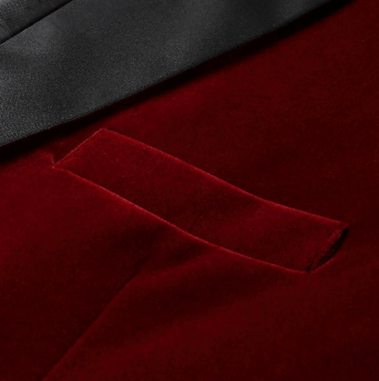 Men's velvet burgundy party suit by EDKAY COLLECTION UK, showing a stylish tailored clothing ensemble for formal occasions.