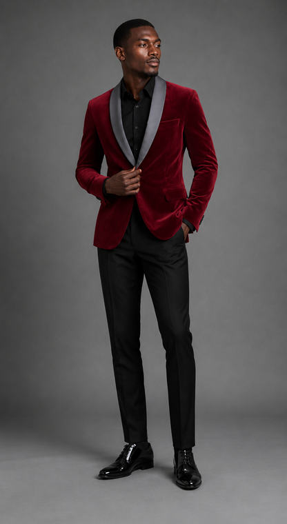 Men's velvet burgundy party suit by EDKAY COLLECTION UK, full portrait showing tailored blazer and matching trousers.